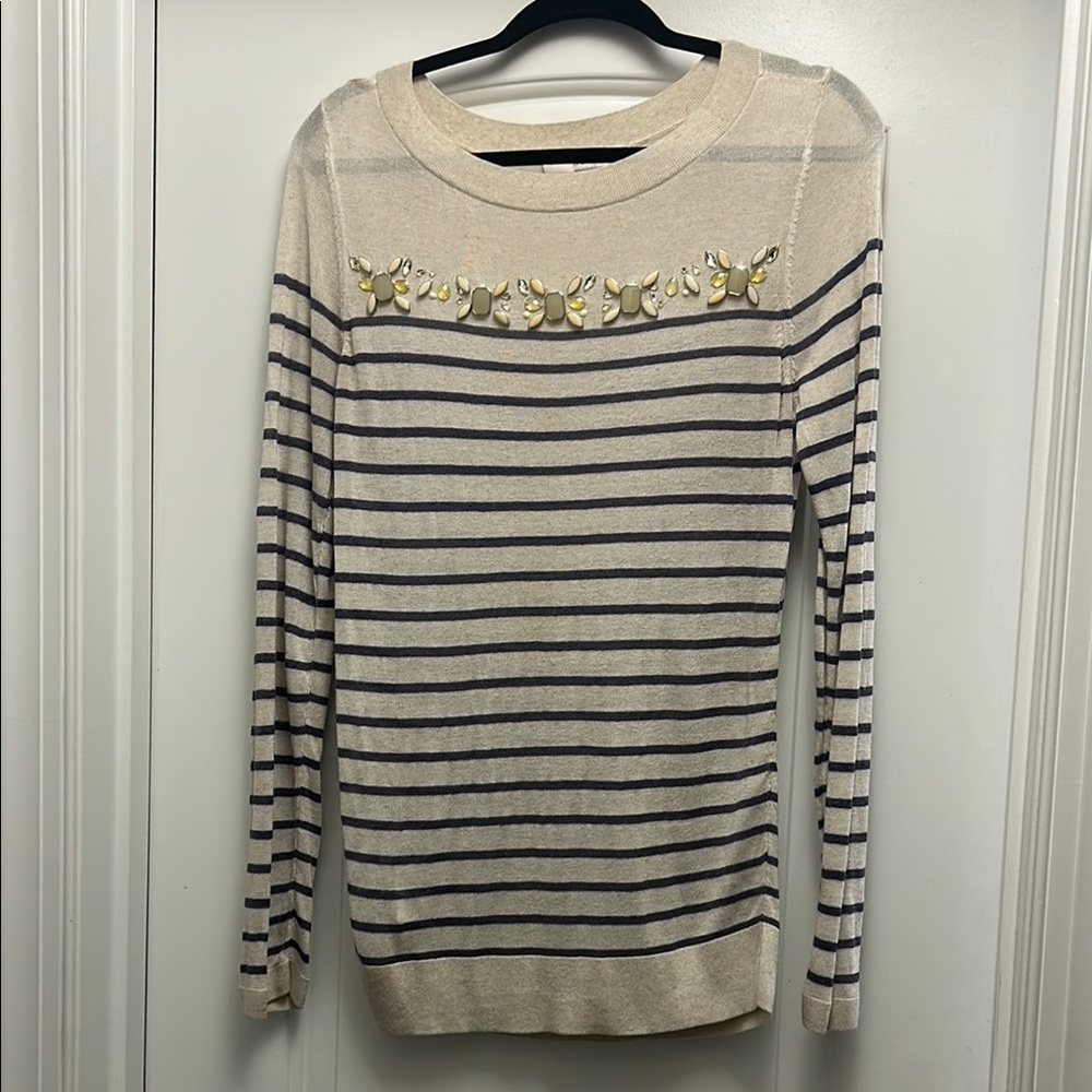 LOFT Cream and Navy Striped Tunic with Floral Embellishments